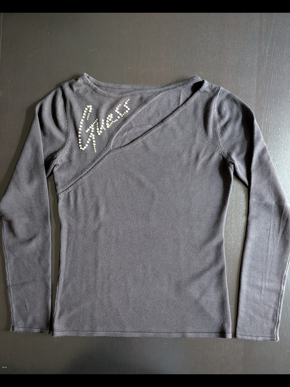 Guess Long-Sleeve Black Asymmetric Rhinestone Top SZ M